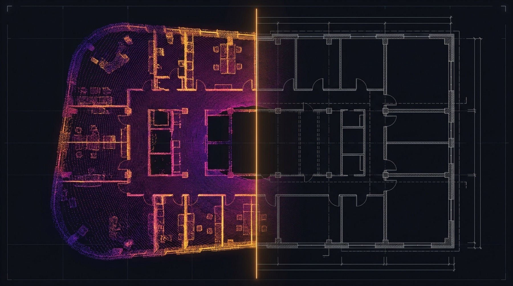 Punktwolke geht in einen automatisch abgeleiteten 2D-Grundriss über