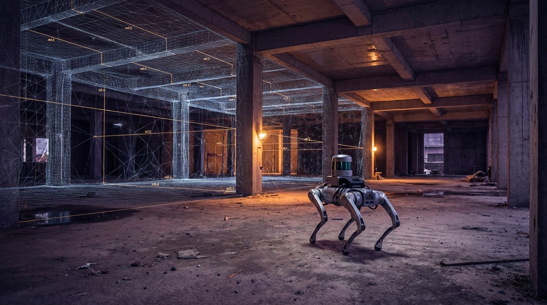 WOLKER Roboter-Arbeiter scannt einen Gebäuderohbau, Thermoscan läuft über die Struktur